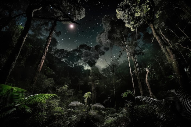 Oscura foresta pluviale di notte con solo la luna e le stelle che brillano attraverso il baldacchino