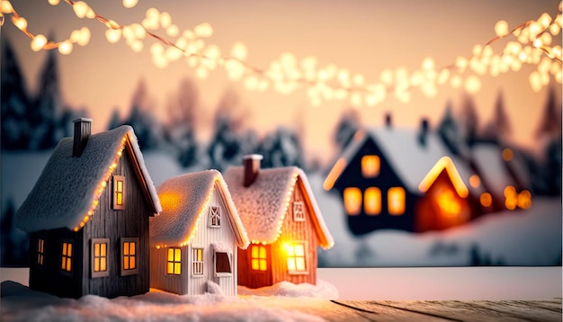 Ospita le luci della stringa di Natale nella bandiera di panorama del paesaggio di neve fredda