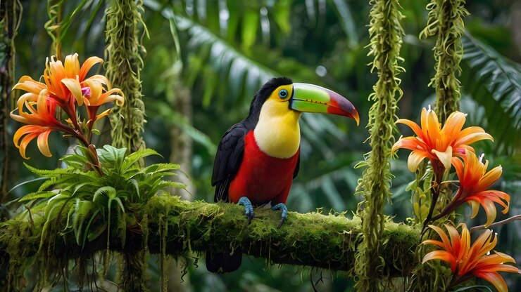 Osservate il maestoso tucano nel suo ambiente naturale della foresta pluviale