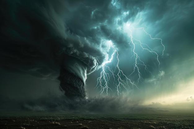 Osservate la straordinaria esposizione di una grande nube che crepita con l'elettricità mentre un fulmine attraversa il cielo una drammatica scaramuccia di fulmini e tornado generati dall'AI