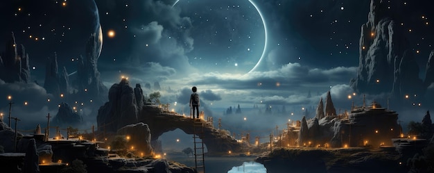Osservatore enigmatico nel mondo fantastico illuminato dalla luna