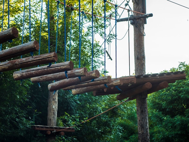 Ostacoli del ponte di legno del parco della corda nella foresta