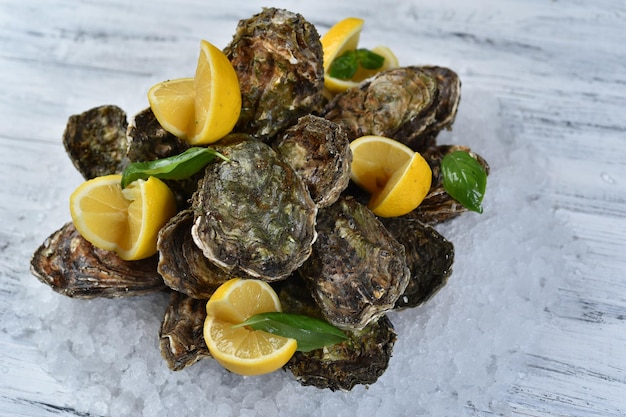 Ostrica su ghiaccio con limone, crostacei, frutti di mare, vista dall'alto