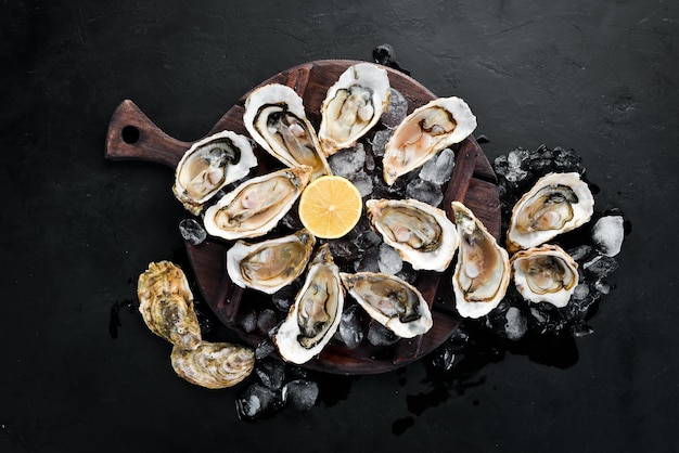 Ostriche con ghiaccio e limone su sfondo di pietra nera Frutti di mare Vista dall'alto Spazio di copia gratuito