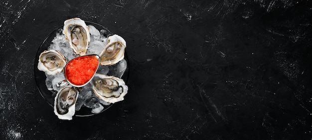 Ostriche e caviale rosso in un piatto di ghiaccio e limone Frutti di mare Vista dall'alto Spazio libero per la copia