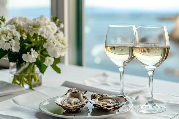 Ostriche fresche aperte con fette di limone due bicchieri di vino bianco su uno sfondo bianco di tavola Una festa di frutti di mare con ostriche locali e due bicchierini di vino Bianco raffreddato