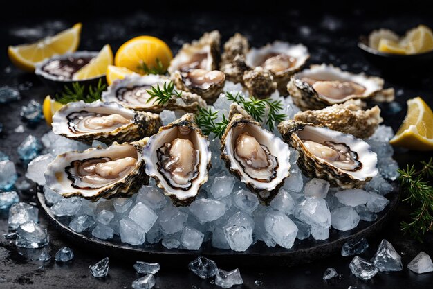 Ostriche fresche con fette di limone in ghiaccio Delicatezza del ristorante Piatto di ostriche di acqua salata