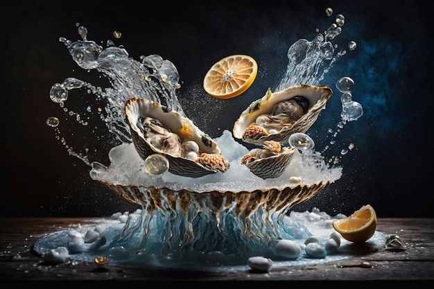 Ostriche fresche in splash su un piatto con ghiaccio e limone Illustrazione con ostriche Generative AI