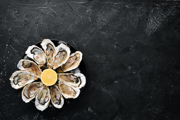 Ostriche fresche in un piatto di ghiaccio e limone Vista dall'alto di frutti di mare Spazio di copia gratuito