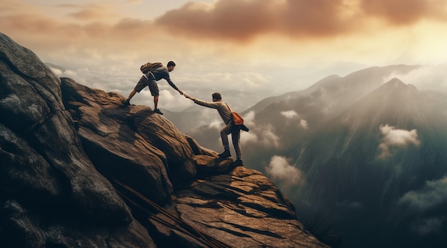 Ottenere una mano con due persone che si curano a vicenda per arrampicarsi sulla cima della montagna