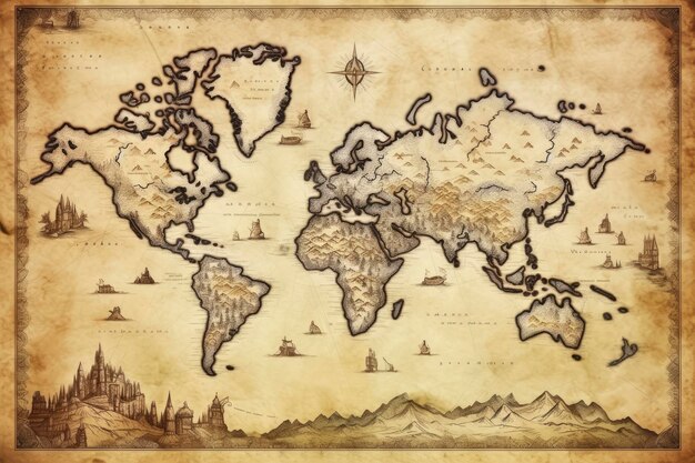 Ottima illustrazione dettagliata della mappa del mondo in stile vintage