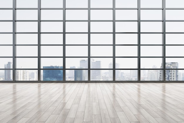 Ottima vista sulla città dalla grande finestra a traliccio in una spaziosa sala vuota con pavimento in legno rendering 3D