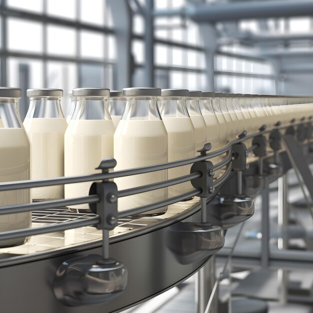 Ottimizzazione della supply chain bottiglie di latte in vetro su un nastro trasportatore AI Generato AI generativo
