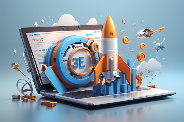 Ottimizzazione SEO 3D con il razzo per il marketing Interfaccia di concetto di social media per la strategia di analisi web e la pianificazione della ricerca nel portatile Iconica illustrazione di rendering vettoriale della strategia SEO 3D