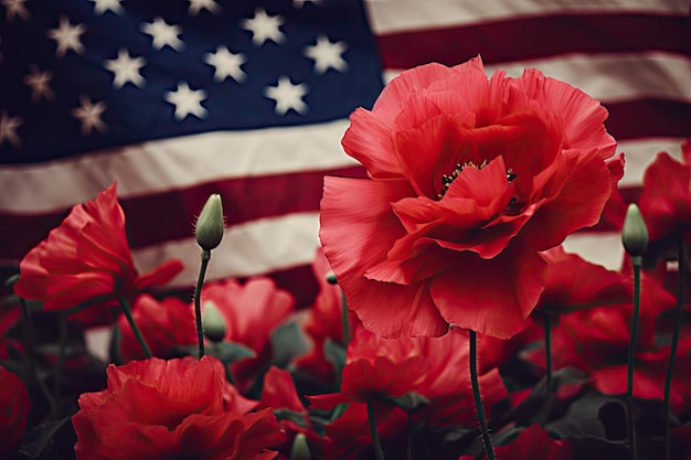 Ottimo per celebrare il 4 luglio il Giorno della Memoria dei Soldati Americani Papaveri rossi con la bandiera nazionale degli Stati Uniti la festa nazionale dell'America Generative AI
