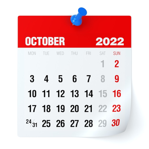 Ottobre 2022 - Calendario. Isolato su sfondo bianco. Illustrazione 3D