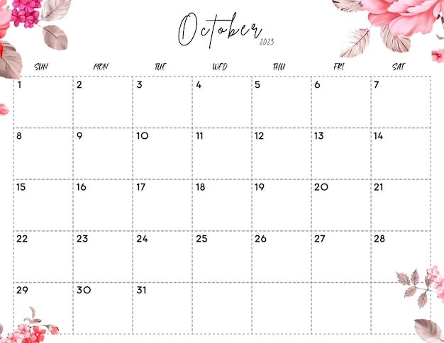 Ottobre 2023 Calendario floreale ad acquerello