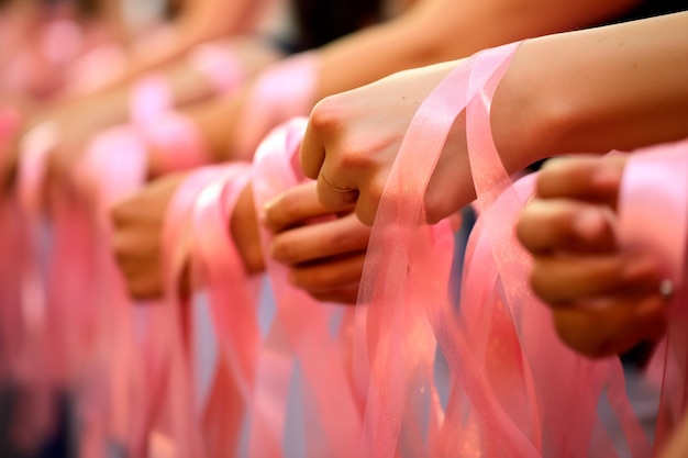 ottobre rosa donne insieme con nastri rosa nella consapevolezza del cancro al seno nastri rosa l'emblema della speranza insieme siamo più forti sconfiggeremo il cancro al seno