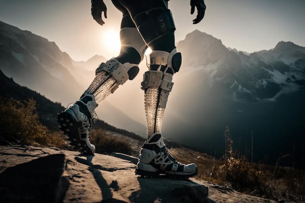 Outdoor Accessibilità la vita di una persona disabile Un uomo con le gambe protesiche viaggia tra le montagne Generazione AI