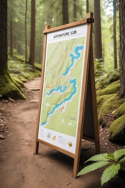 Outdoor Adventure Club Hiking Trail Map Signage Mockup con spazio bianco vuoto vuoto per posizionare il tuo disegno