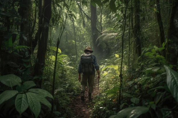 Outdoorman che fa trekking nella giungla circondato da una vegetazione lussureggiante creata con l'intelligenza artificiale generativa