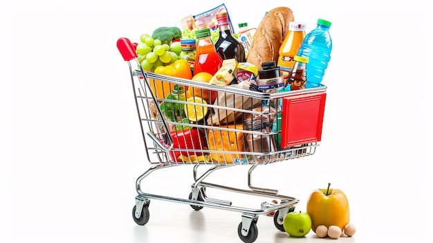 overflowing grocery items in isolated shopping cart