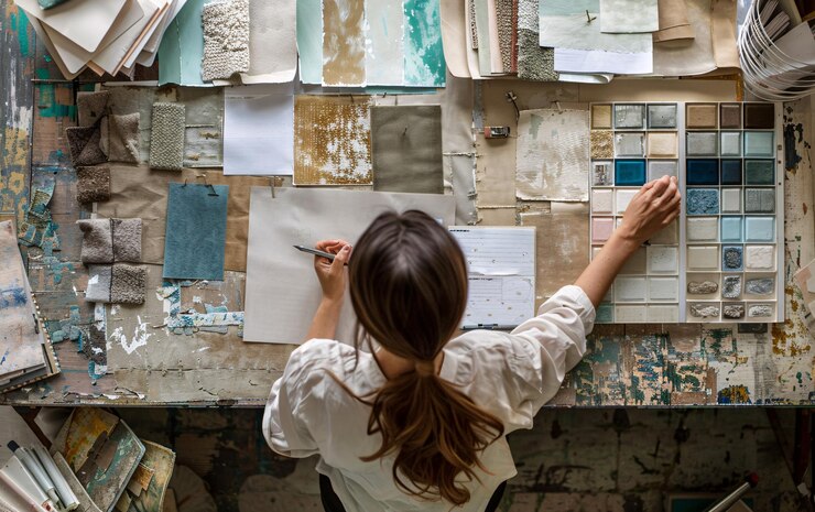 Overhead photo of woman interior designer working