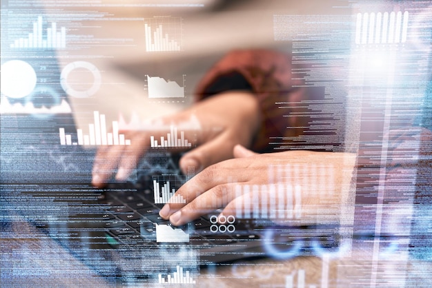 Overlay chart or hands of woman typing on a keyboard with finance cryptocurrency or financial digital data analytics Girl broker accountant or trader working on investment growth in stock market