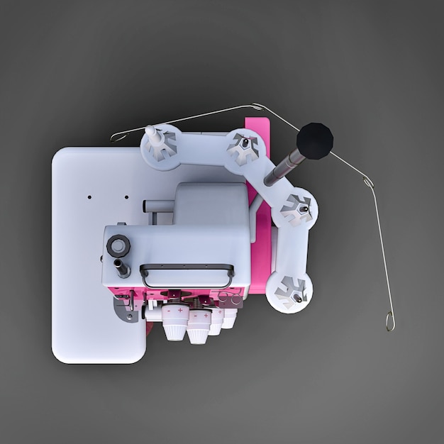 Overlock rosa su sfondo grigio. Attrezzature per la produzione di cucito. Cucire vestiti e tessuti. Illustrazione 3D.