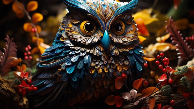 OWL Fantasia colorata gufo a perline sulla foresta fantastica AI generativa