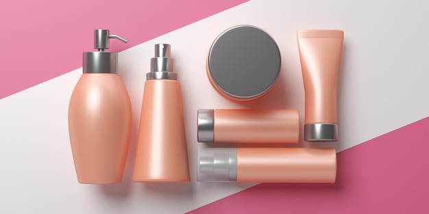 Pacchetti cosmetici vuoti isolati su sfondo bianco e rosa illustrazione 3d