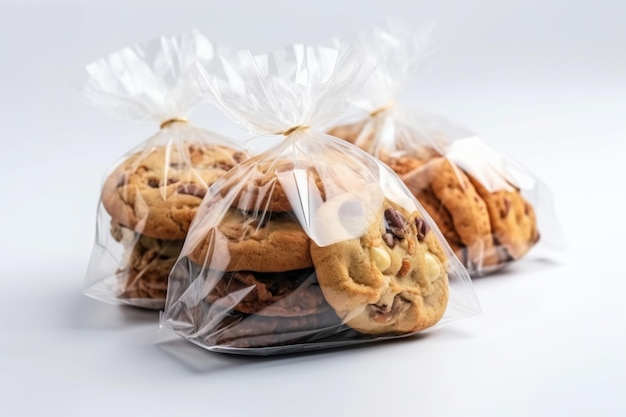 Pacchetti di biscotti in cellophane su sfondo bianco