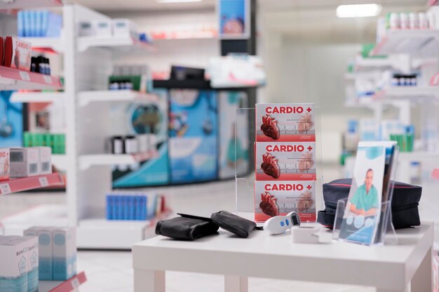 Pacchetti di pillole per cardiologia in piedi sul tavolo in una struttura sanitaria vuota, farmacia dotata di strumenti medici. Farmacia senza nessuno piena di prodotti farmaceutici