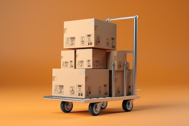 Pacchetti di scatole di cartone sul carrello Logistica e servizi a distanza concetto di consegna acquisti online negozio di schermo AI generato