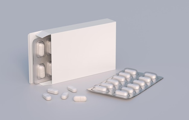 Pacchetto con due blister con pillole di medicinali Modello di mockup rendering 3d