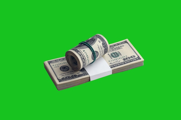 Pacchetto di banconote da un dollaro USA isolate su chroma keyer green Confezione di denaro americano ad alta risoluzione su maschera verde perfetta