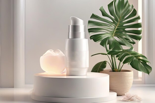 Pacchetto di crema sbiancante 3D su supporto bianco con piante tropicali di luce naturale Annunci cosmetici