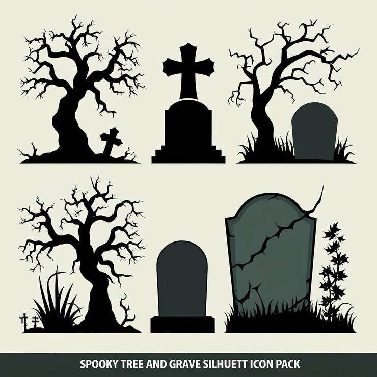 Foto pacchetto di icone di silhouette di alberi e tombe inquietanti