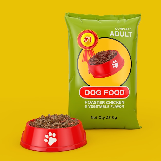 Pacchetto di sacchetti di cibo per cani Design vicino a ciotola di plastica rossa con cibo secco per cani su sfondo giallo. Rendering 3D