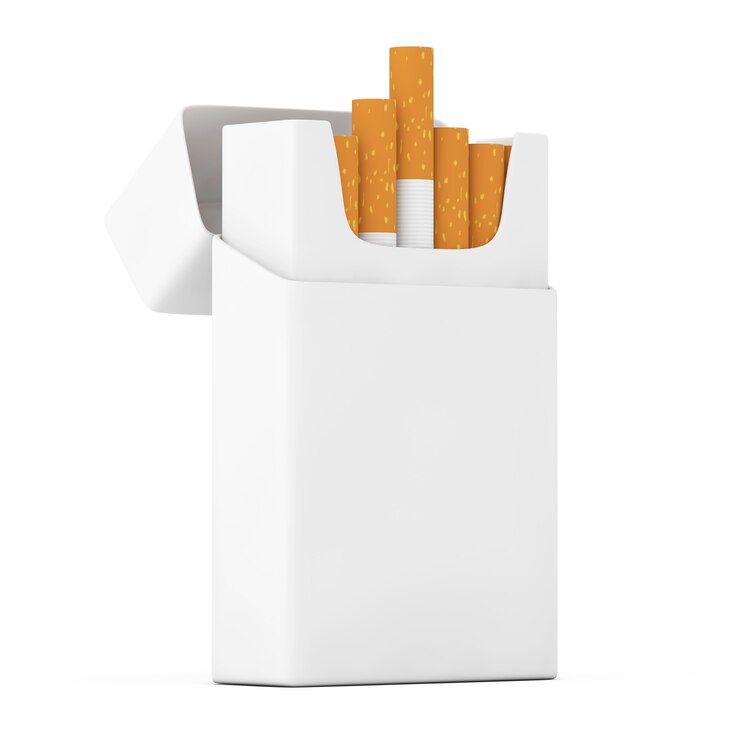 Pacchetto di sigarette vuoto mockup su sfondo bianco. Rendering 3D