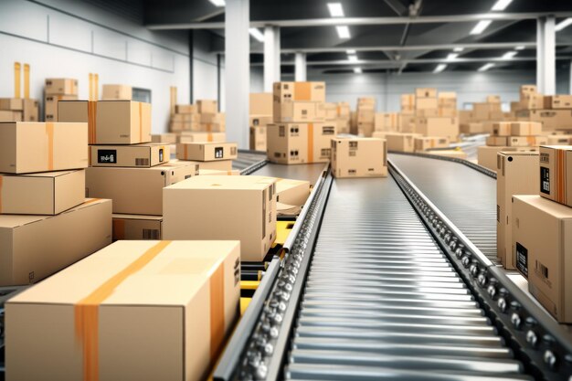 pacchi di scatole di pacchi che si muovono lungo un nastro trasportatore in un magazzino per logistica Generative ai