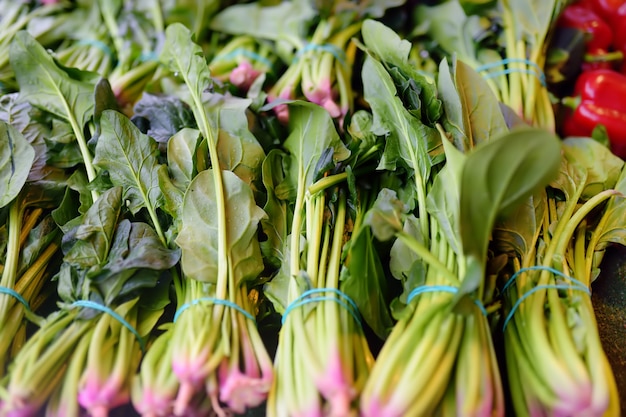 Pacchi di spinaci verdi freschi sul mercato agricolo dell&#39;agricoltore