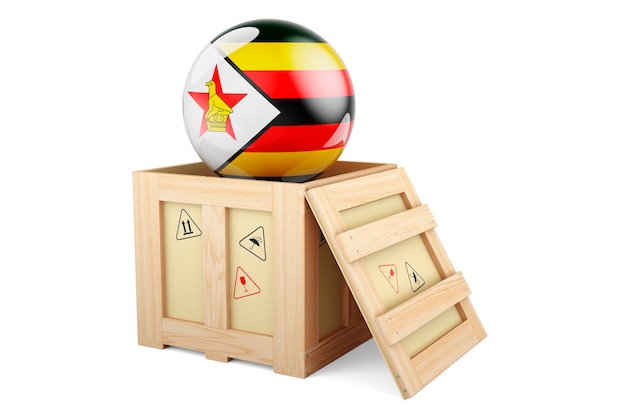 Pacco in scatola di legno con bandiera dello Zimbabwe Spedizione e consegna in Zimbabwe concetto rendering 3D