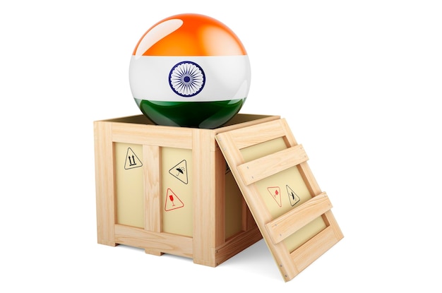 Pacco in scatola di legno con bandiera indiana Spedizione e consegna in India concetto rendering 3D isolato su sfondo bianco