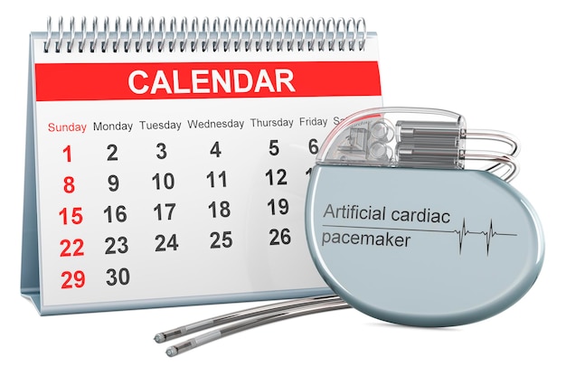 Pacemaker cardiaco artificiale con rendering 3D del calendario da tavolo