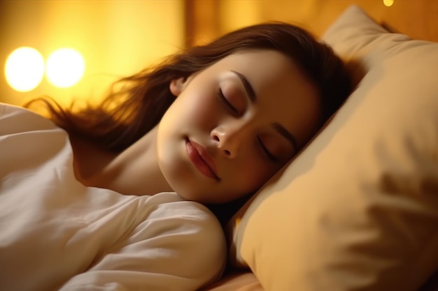 Pacifica bella giovane donna indossa pigiama addormentata rilassante dormire in un accogliente letto bianco su pillo
