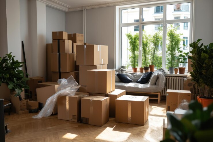 Packed boxes in a bright empty apartment room awaiting relocation