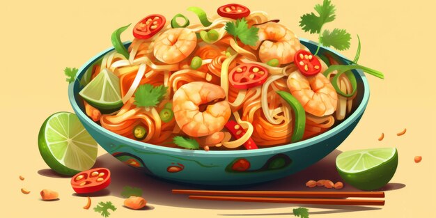 Pad Thai aggrovigliato con gamberi freschi e illustrazione vettoriale di tofu