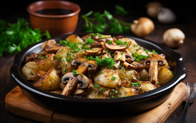 padella con patate a fette e funghi