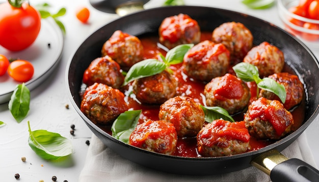 Padella per friggere gustose polpette di carne con salsa di pomodoro e basilico su sfondo bianco